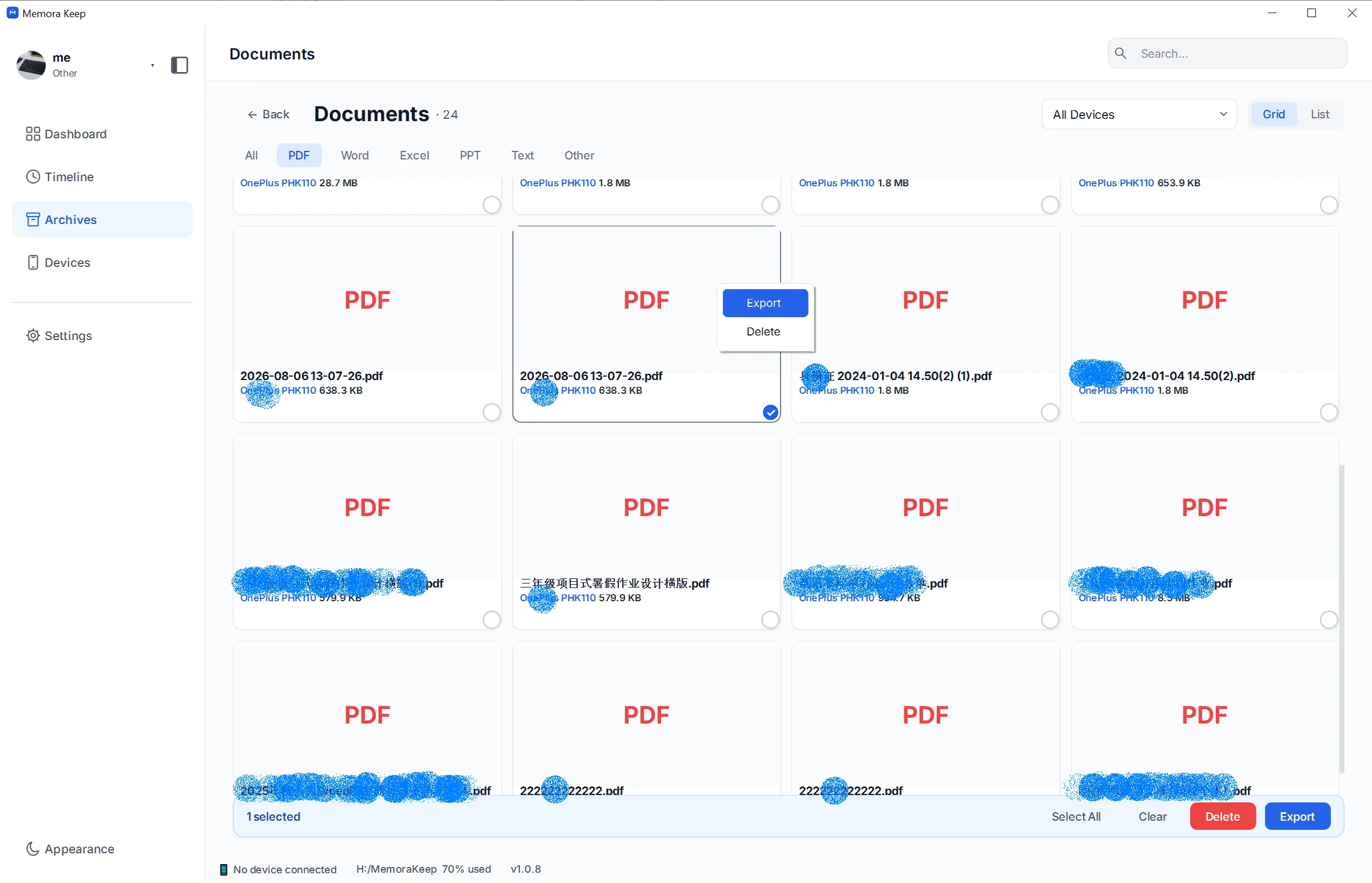 Documents 存档中选中的 PDF 及 Export 操作