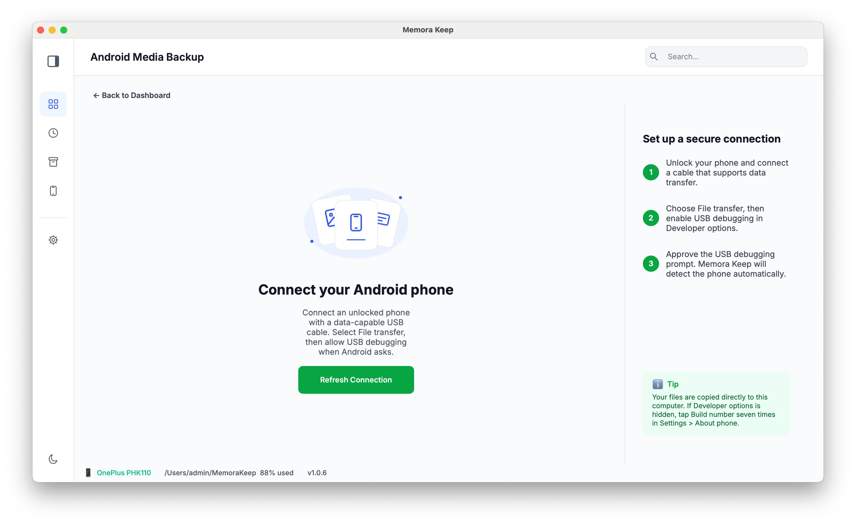 The connection page waiting for an Android phone