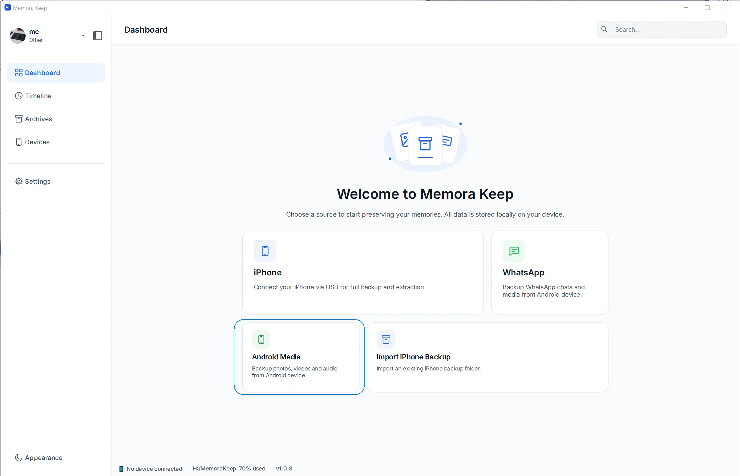 The Android Media card on the Memora Keep dashboard