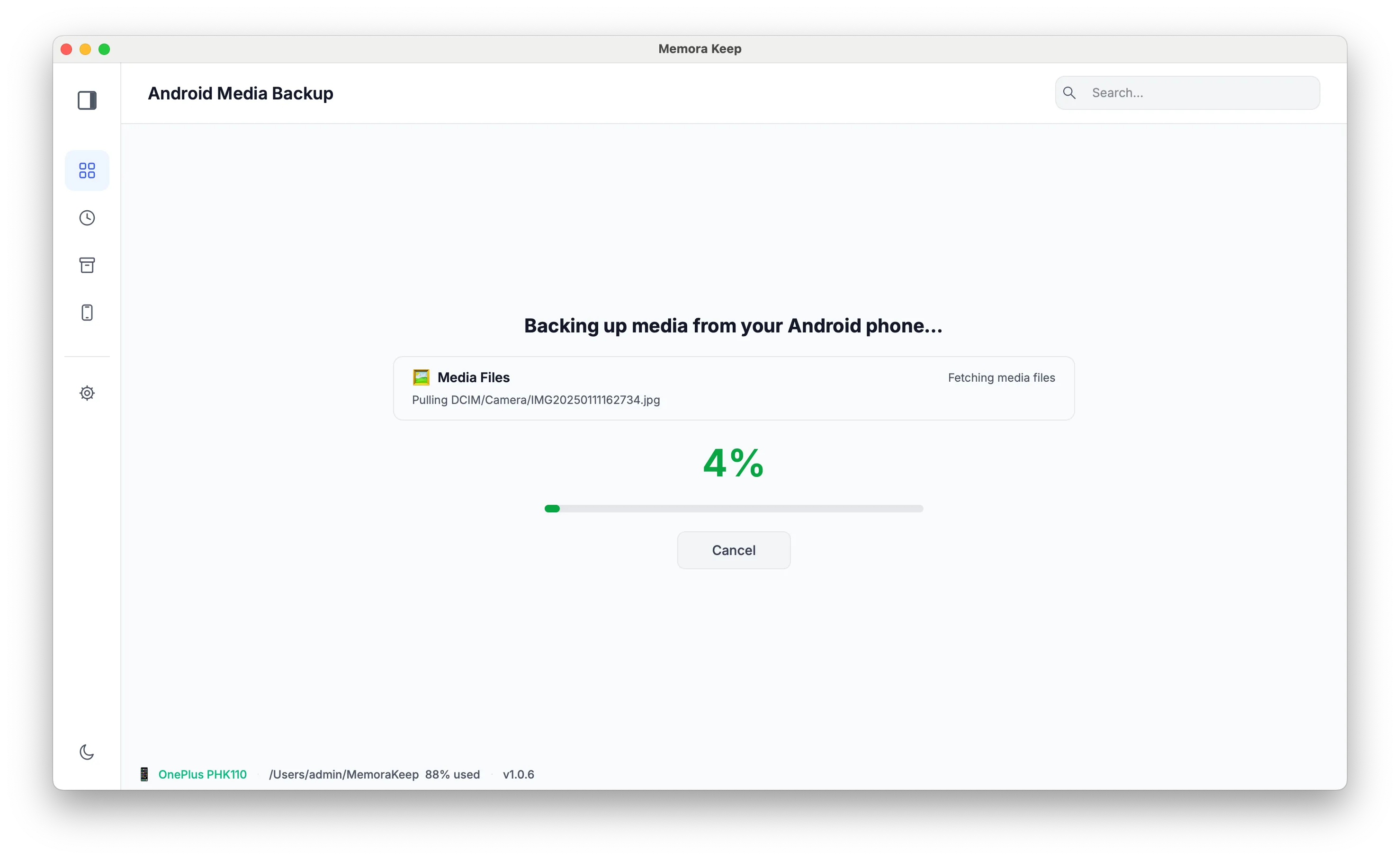 The Android backup in progress
