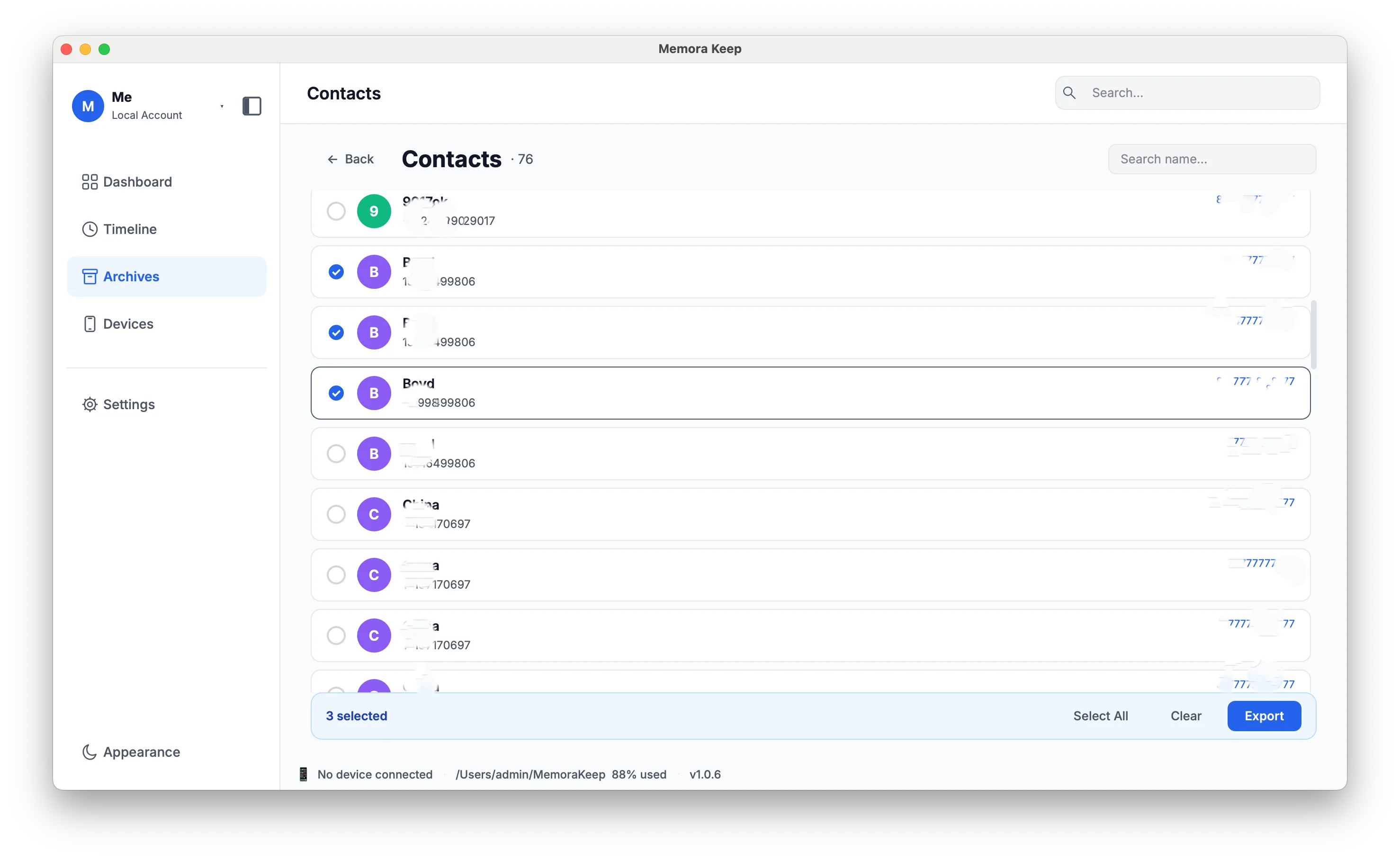 Contacts parsed into the local archive and shown as a browsable list