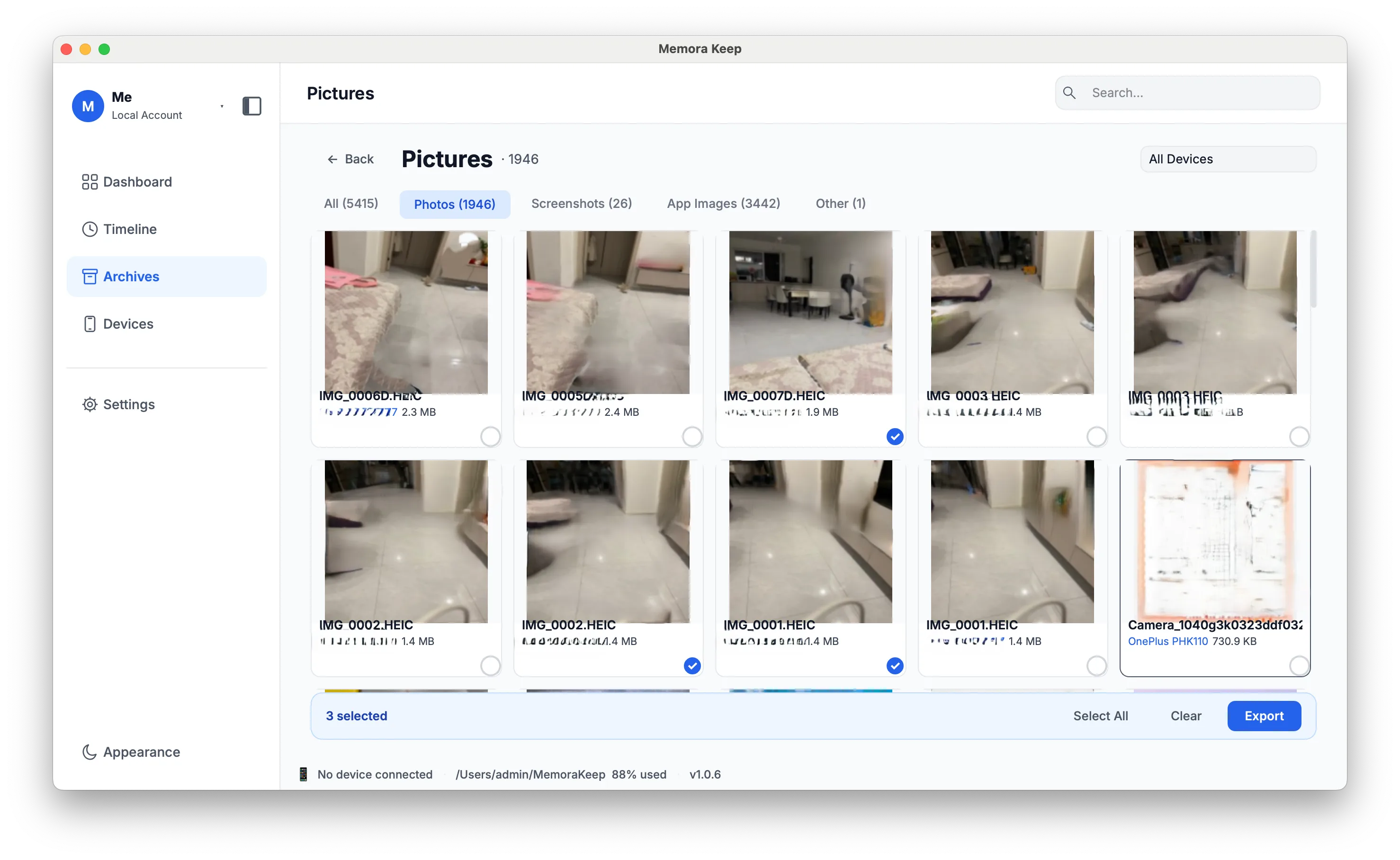 Photos stored in the local archive, browsed by type and by device
