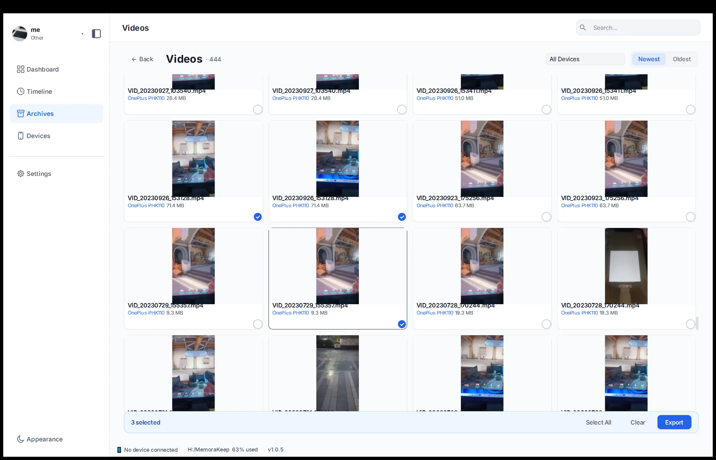 Exporting selected videos from the local archive