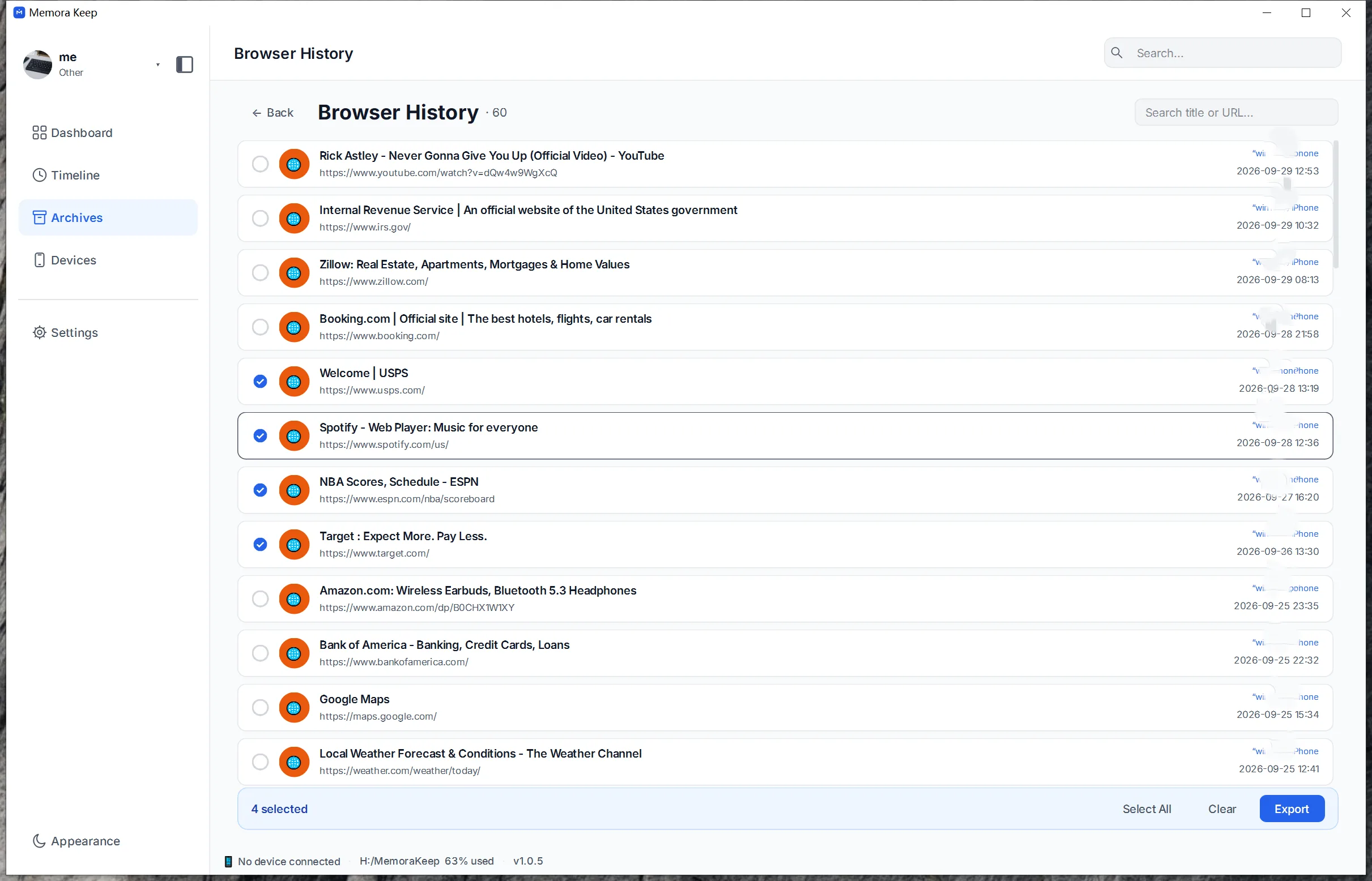 Export iPhone Safari history to CSV in the Memora Keep client on Windows