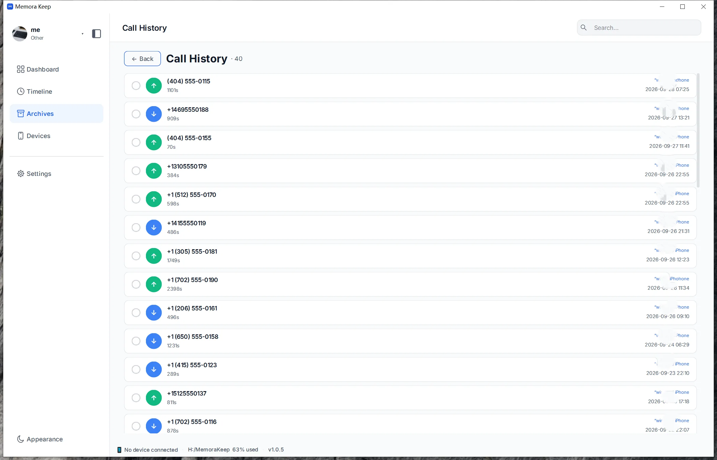 Export iPhone call history in the Memora Keep client on Windows