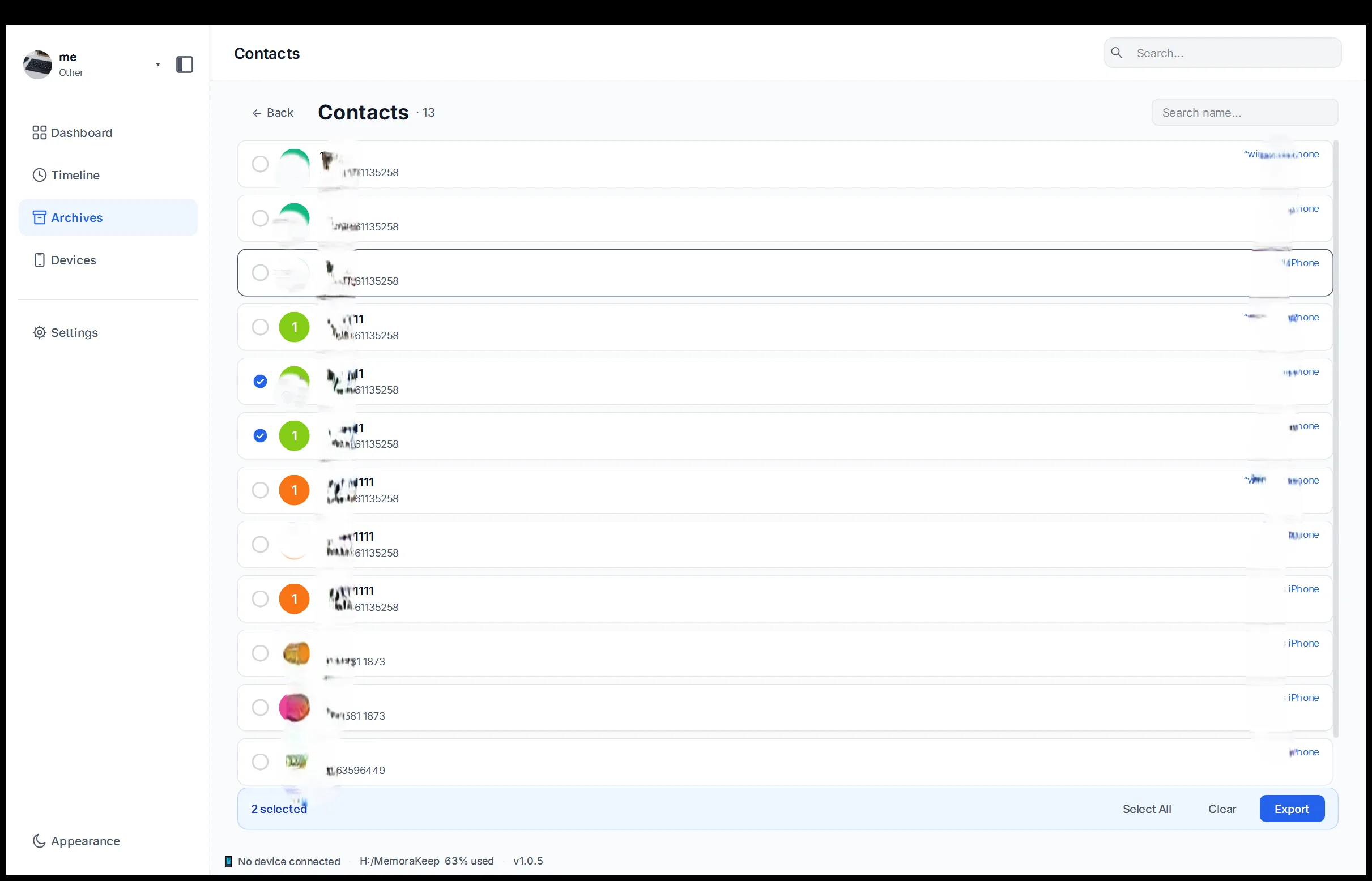 Export iPhone contacts to VCF in the Memora Keep client on Windows
