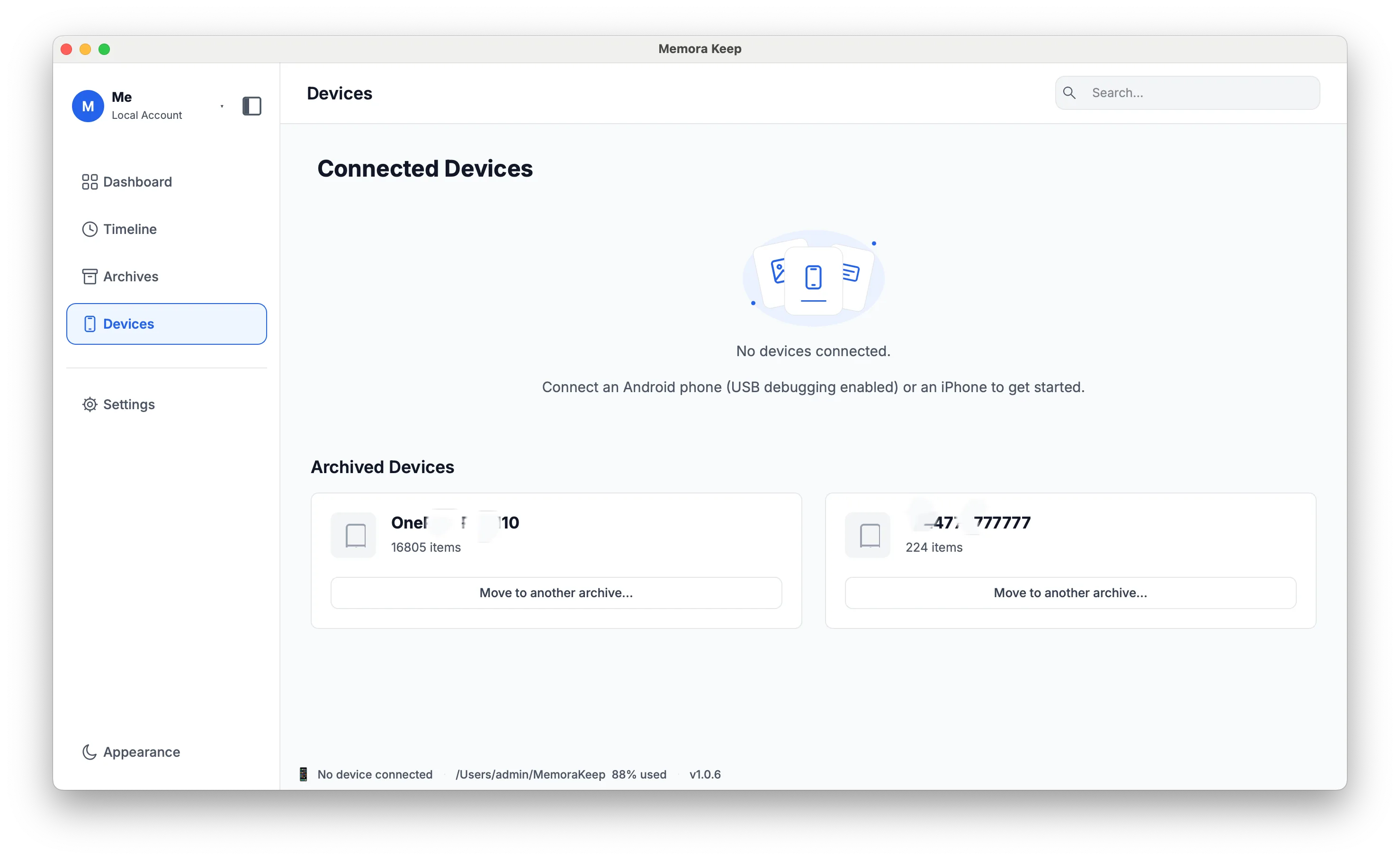 Manage backup devices in the Memora Keep client on Windows