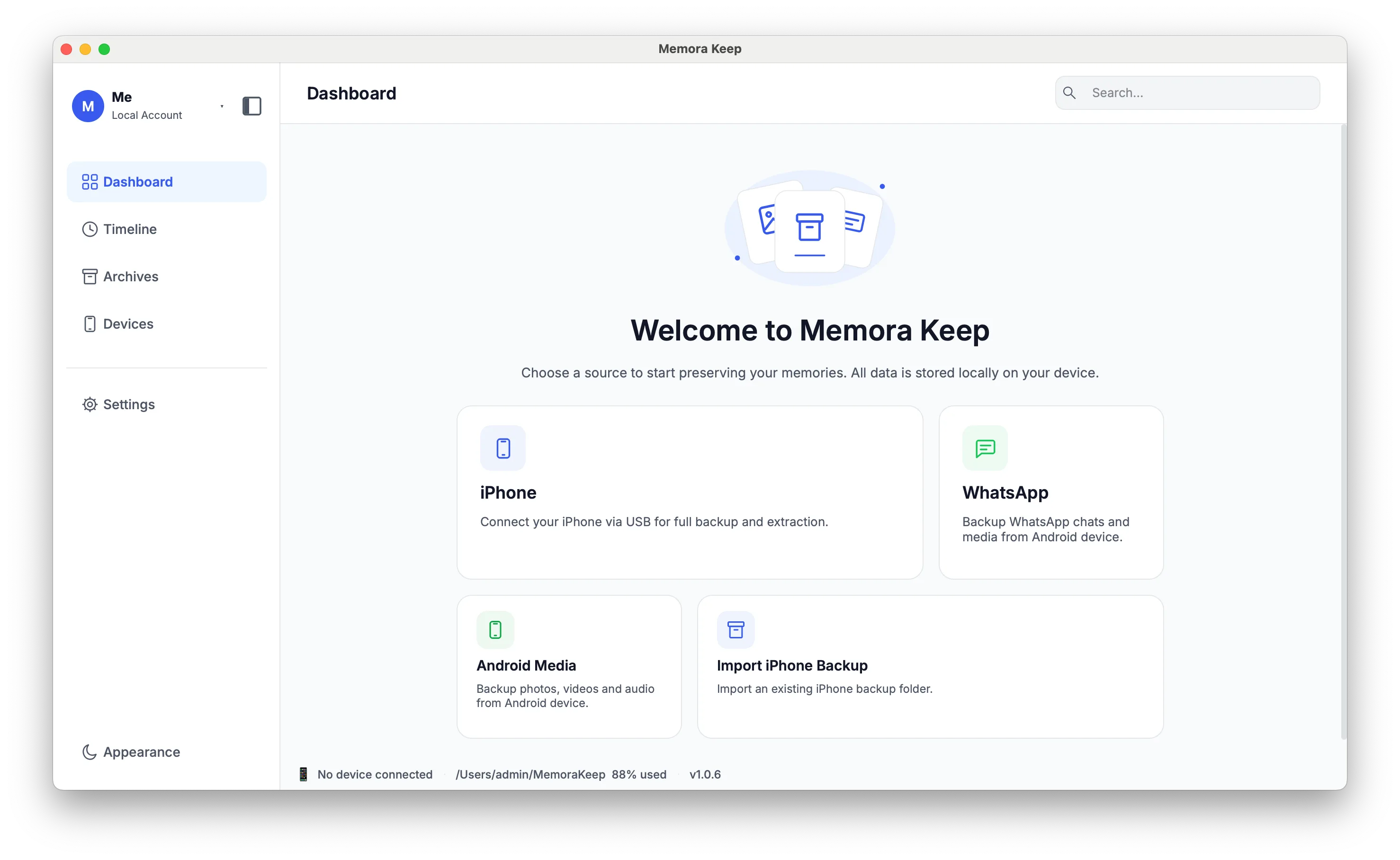 The Memora Keep app window on Windows, showing an overview of the local archive