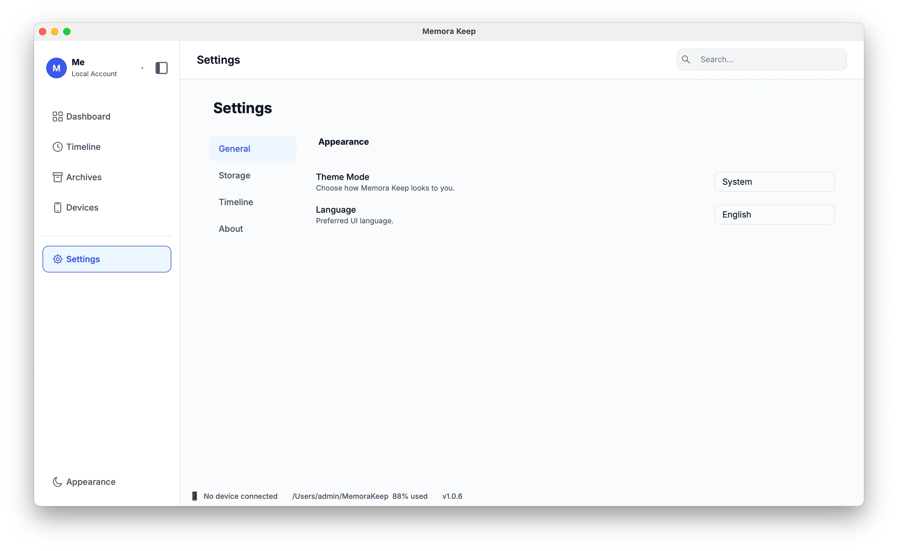 Settings page with storage folder, language and theme options
