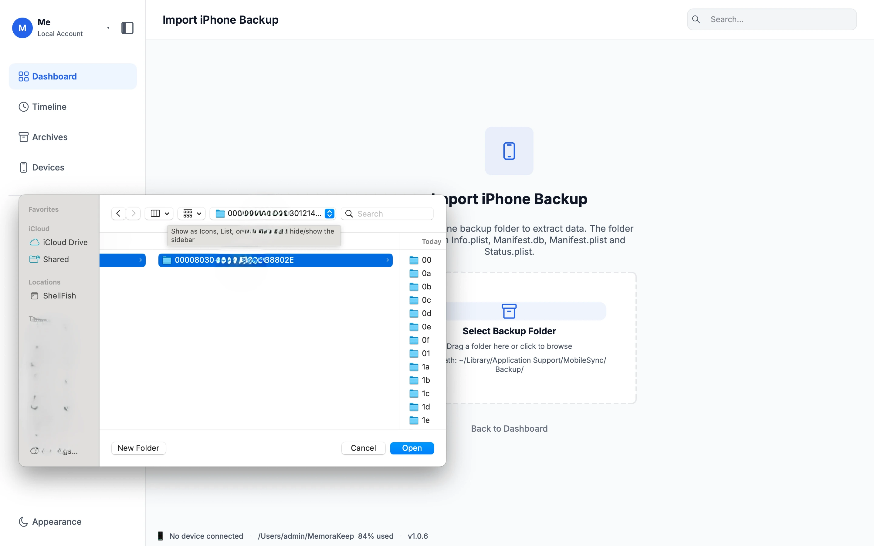Selección de una copia local del iPhone en la pantalla de importación de Mac