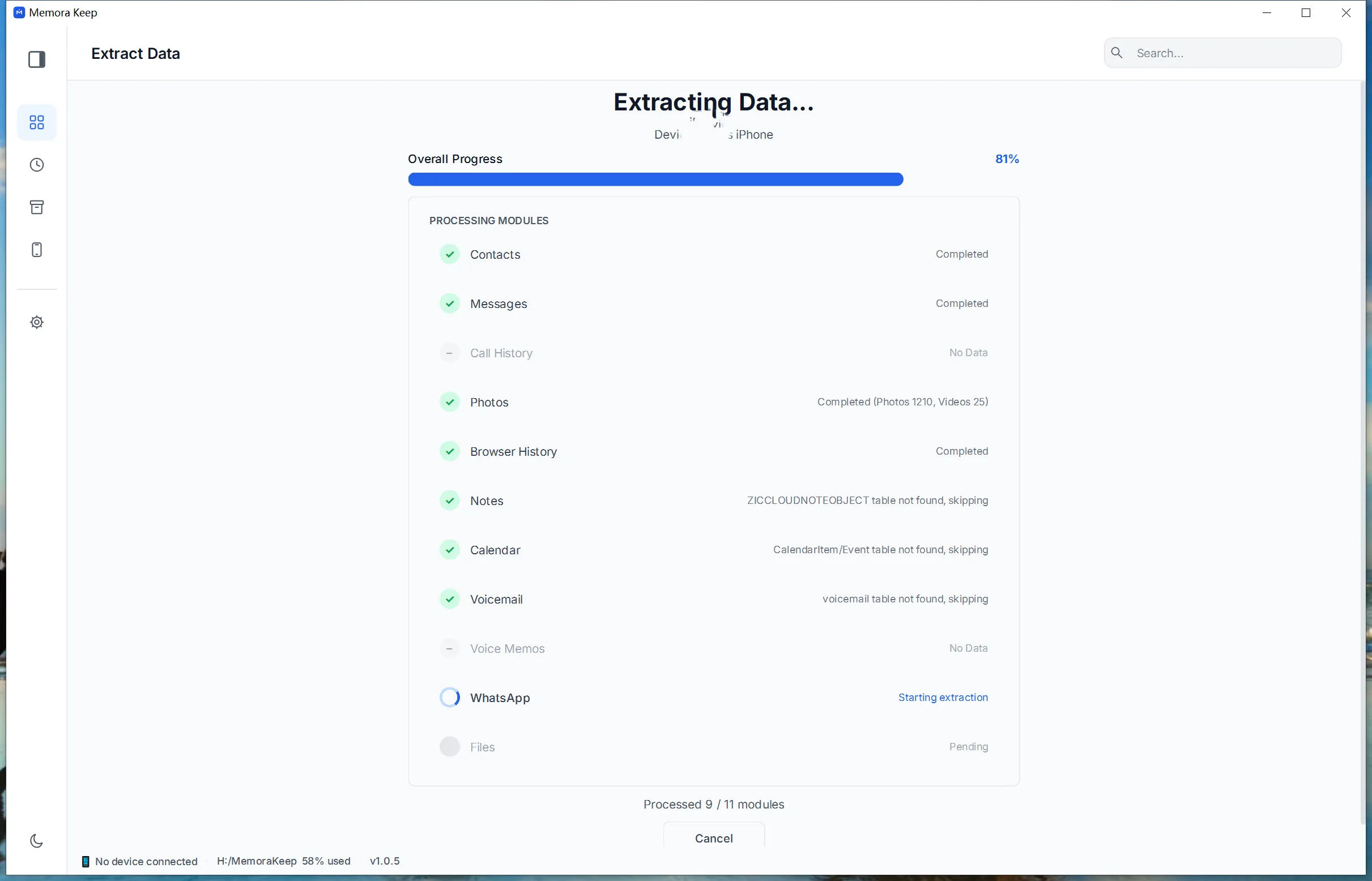 The import running with progress shown