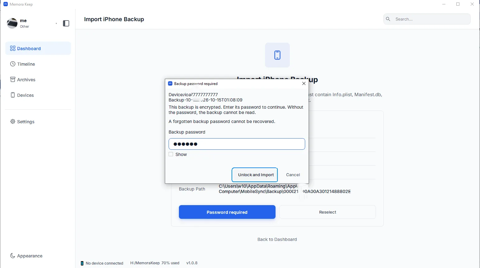 Entering the backup password in the unlock dialog