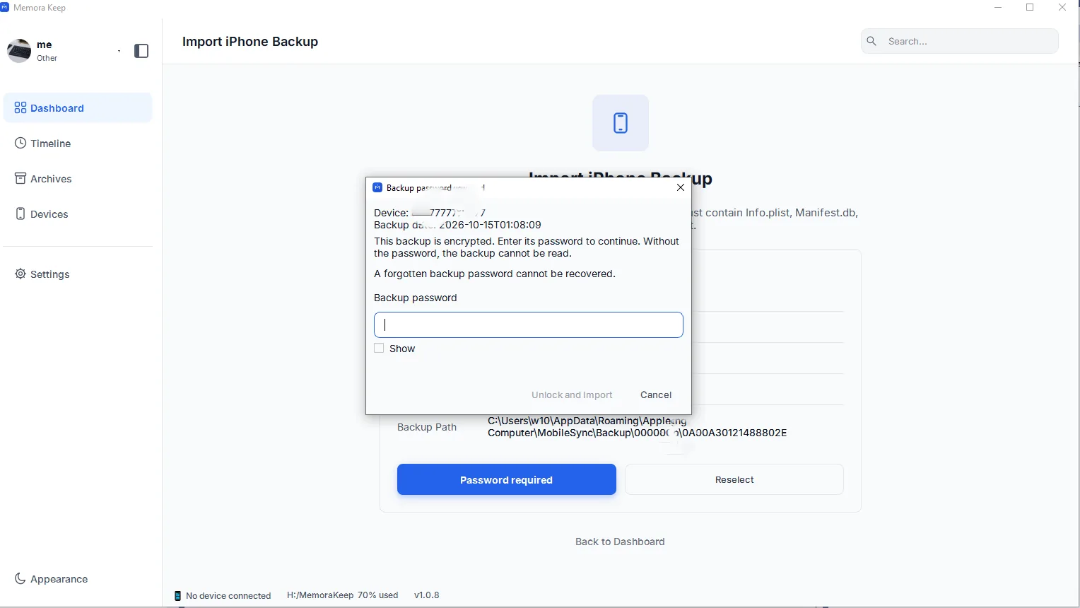 The password prompt for an encrypted iPhone backup