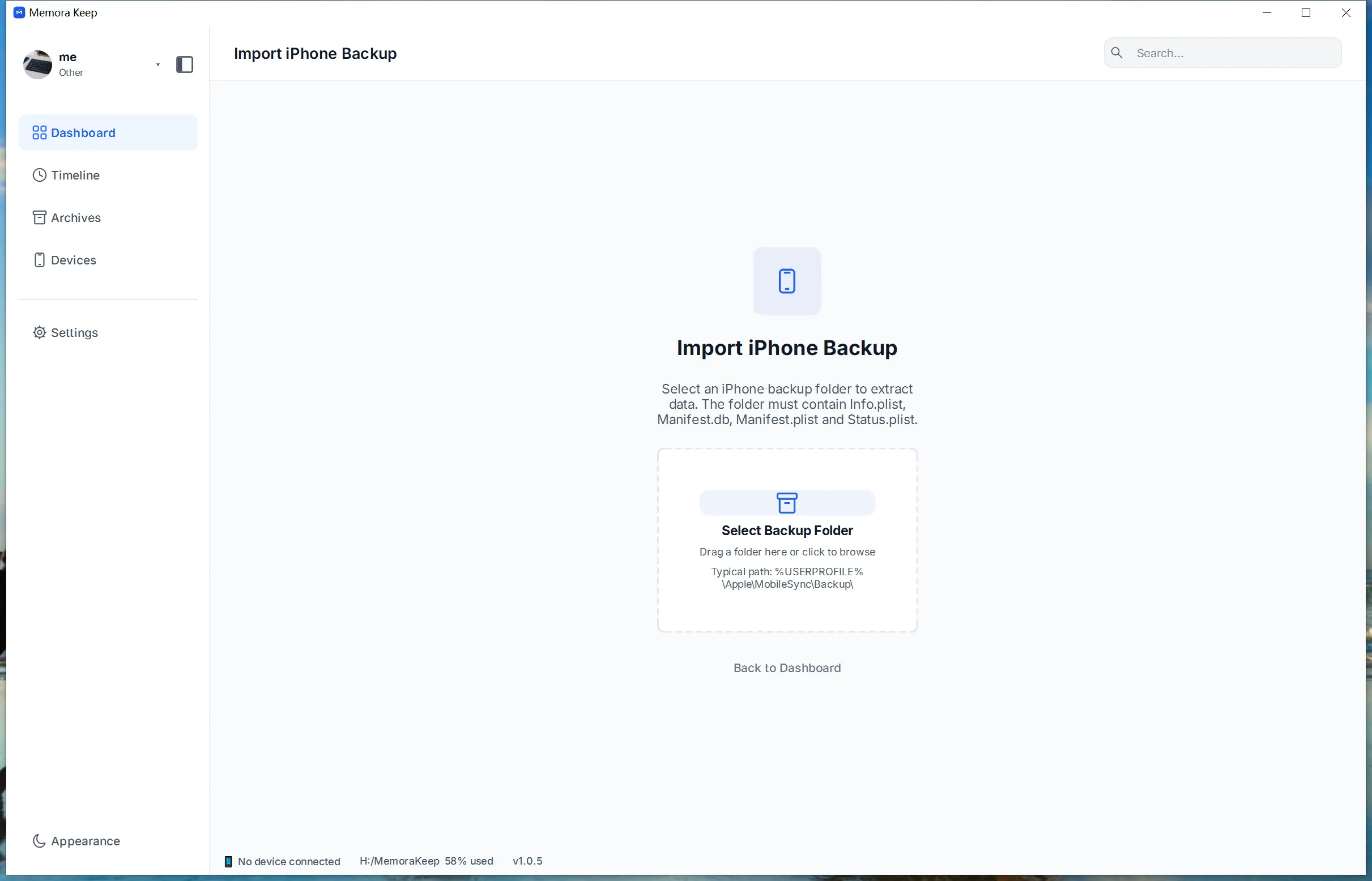 Selecting the iTunes or Finder backup folder in Memora Keep