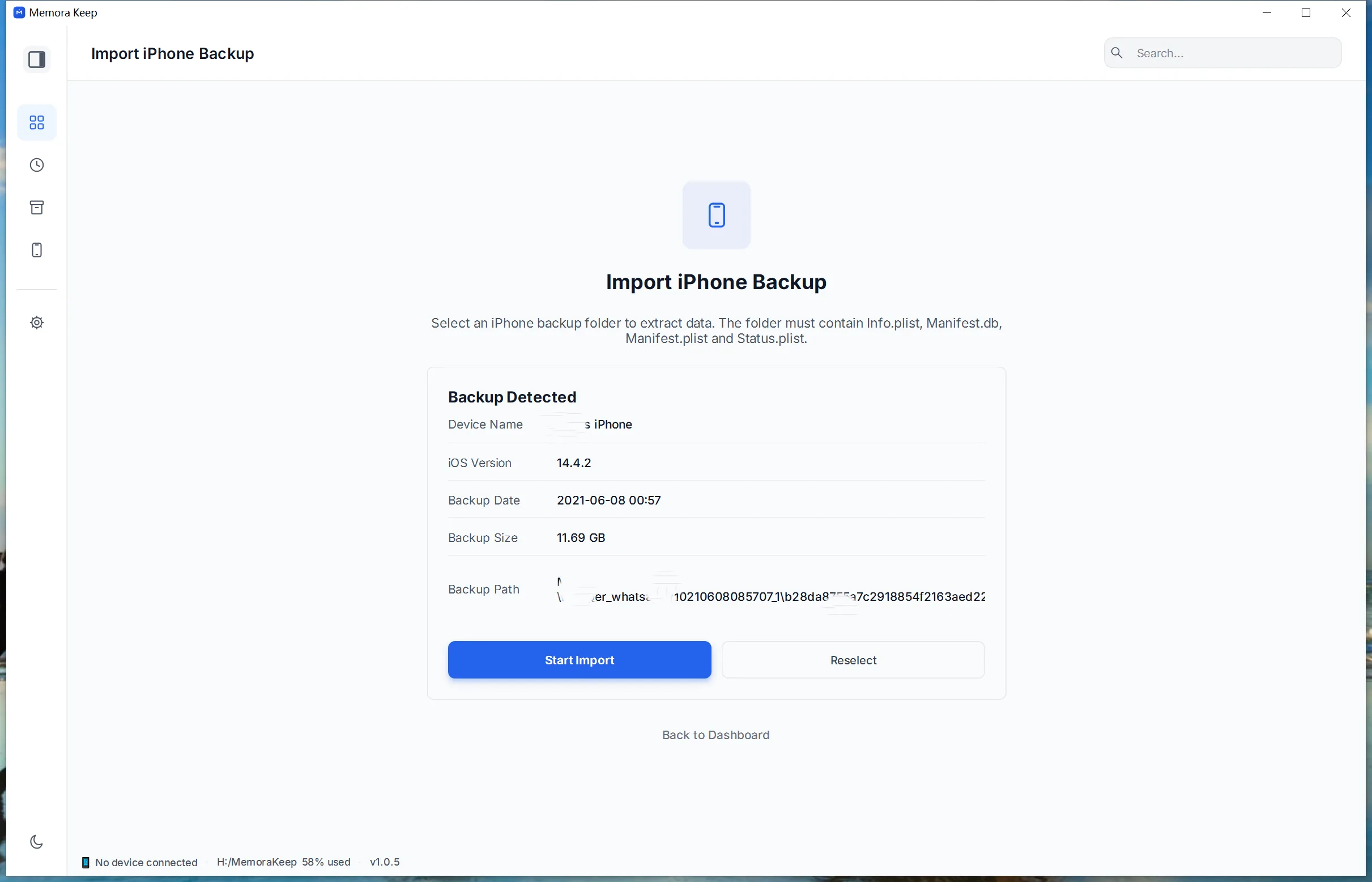 View and import an iTunes or Finder backup in the Memora Keep client on Windows