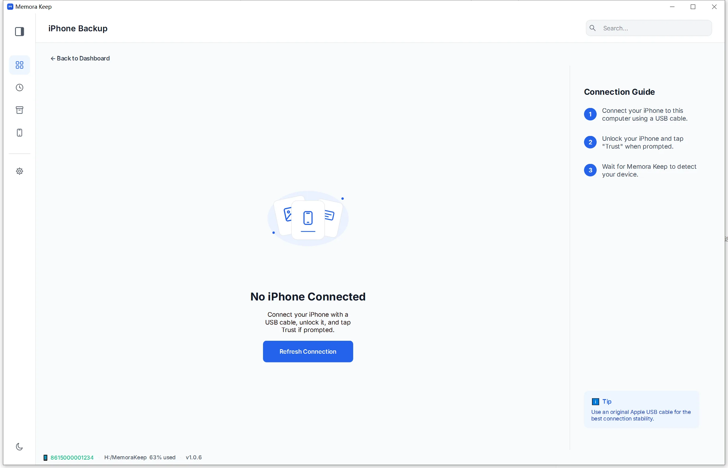 No iPhone connected yet