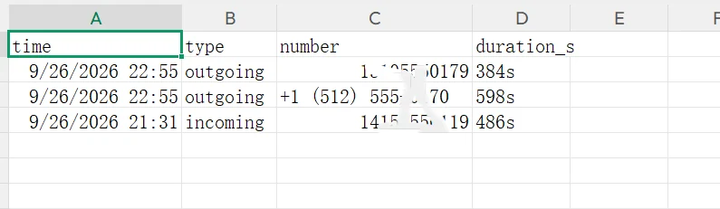 CSV مكالمات بأعمدة time وtype وnumber وduration_s