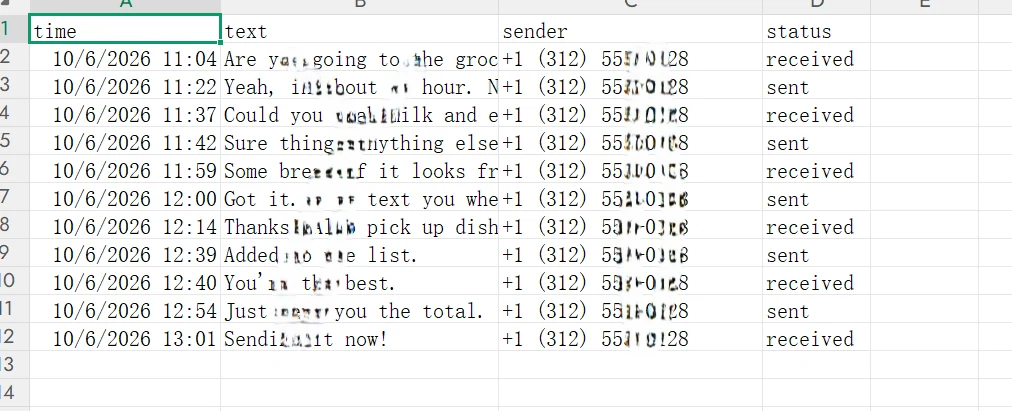 在表格中開啟的簡訊 CSV，包含 time、text、sender 和 status 四列