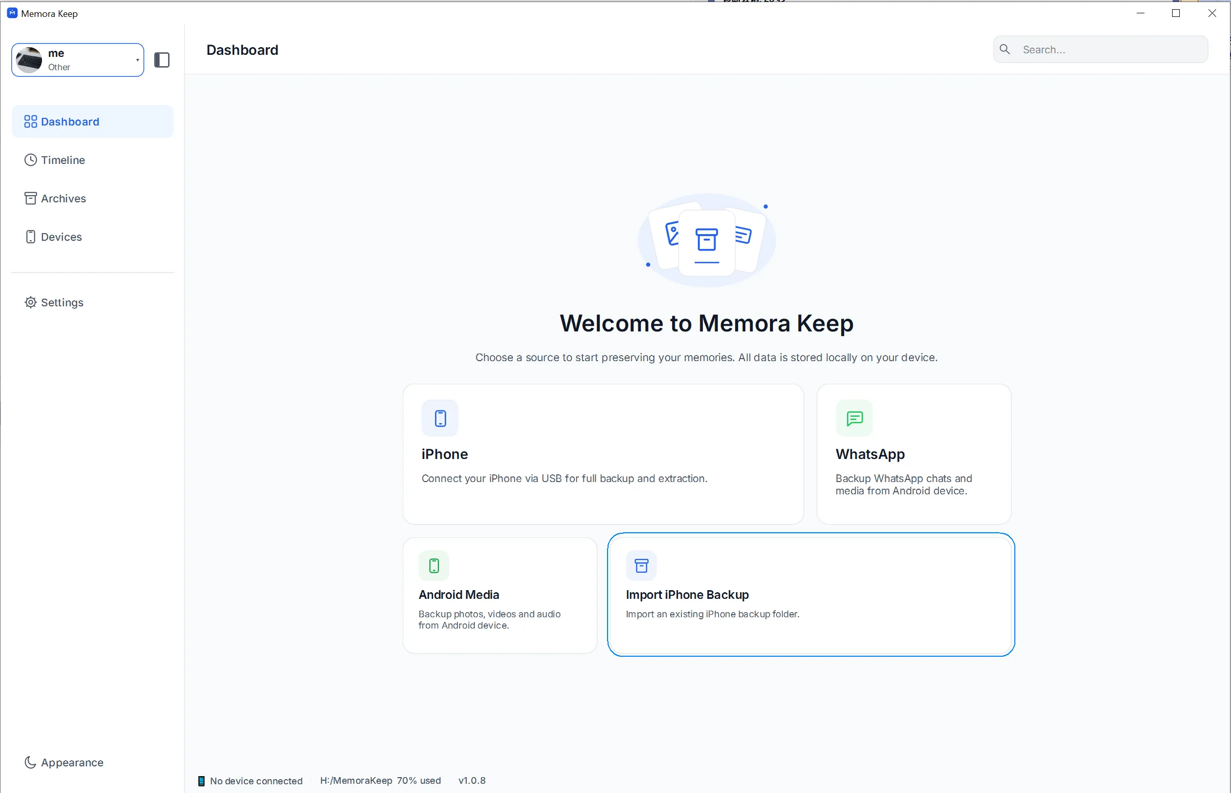 Selecting the Import iPhone Backup option on the dashboard