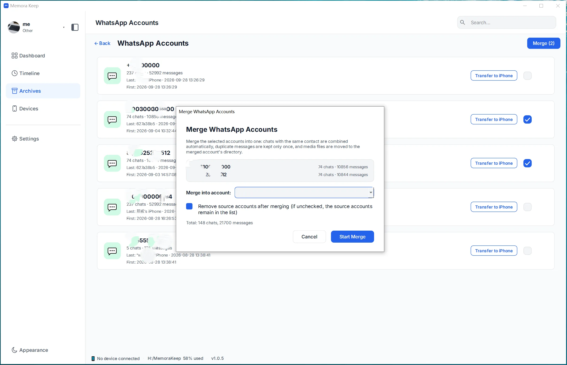 Merge WhatsApp chats from different accounts in the Memora Keep client on Windows