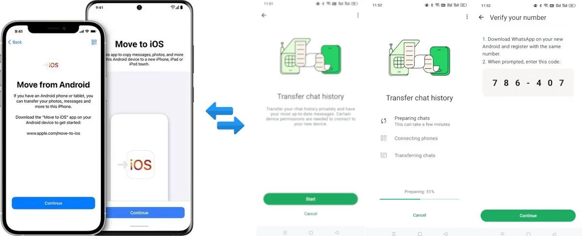 شاشة النقل في Move to iOS مع تحديد WhatsApp