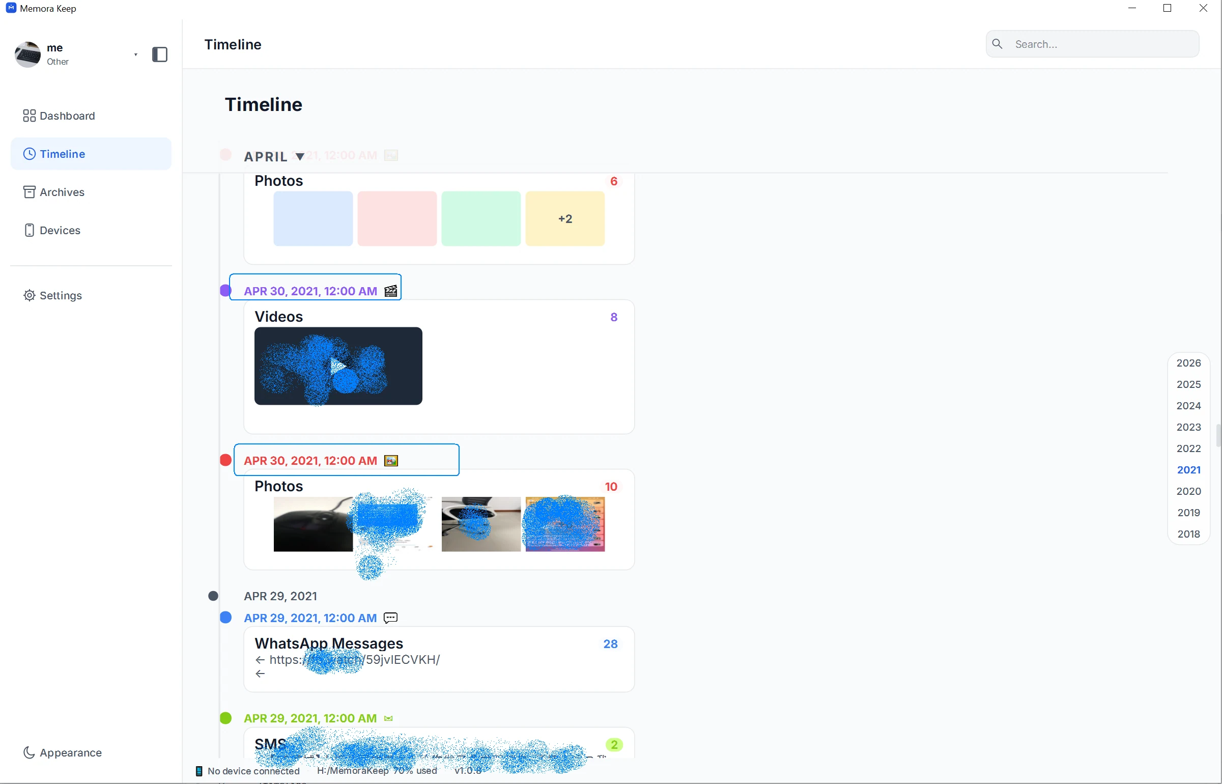 Timeline cards for photos, videos, WhatsApp messages and SMS around April 2021