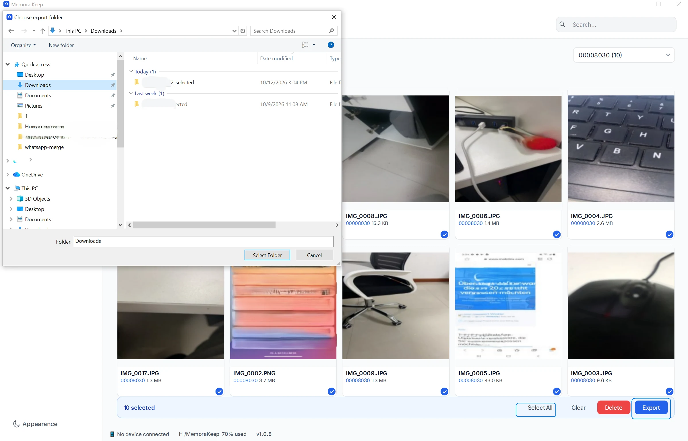 Foto selezionate con la finestra Choose export folder