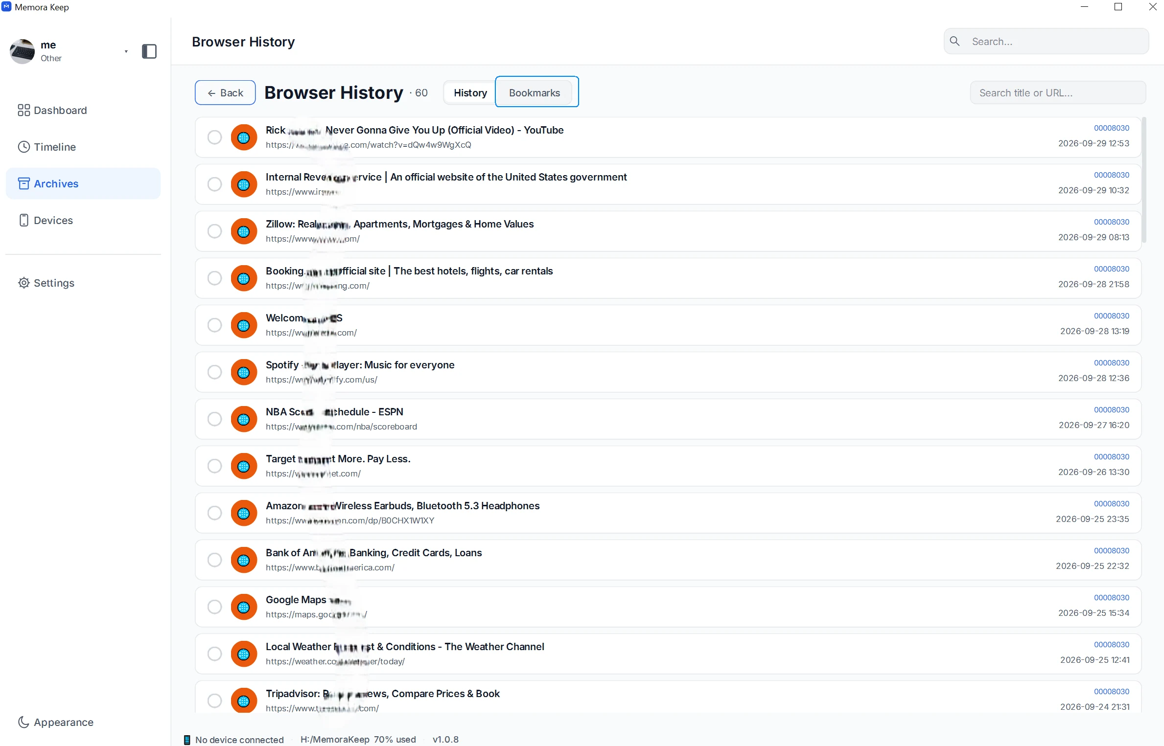 The Bookmarks tab beside History in the Browser History page