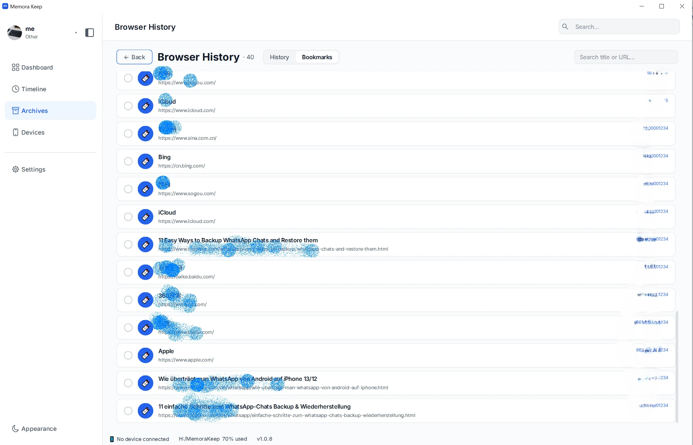 Saved Safari bookmarks with page titles, URLs and a search field