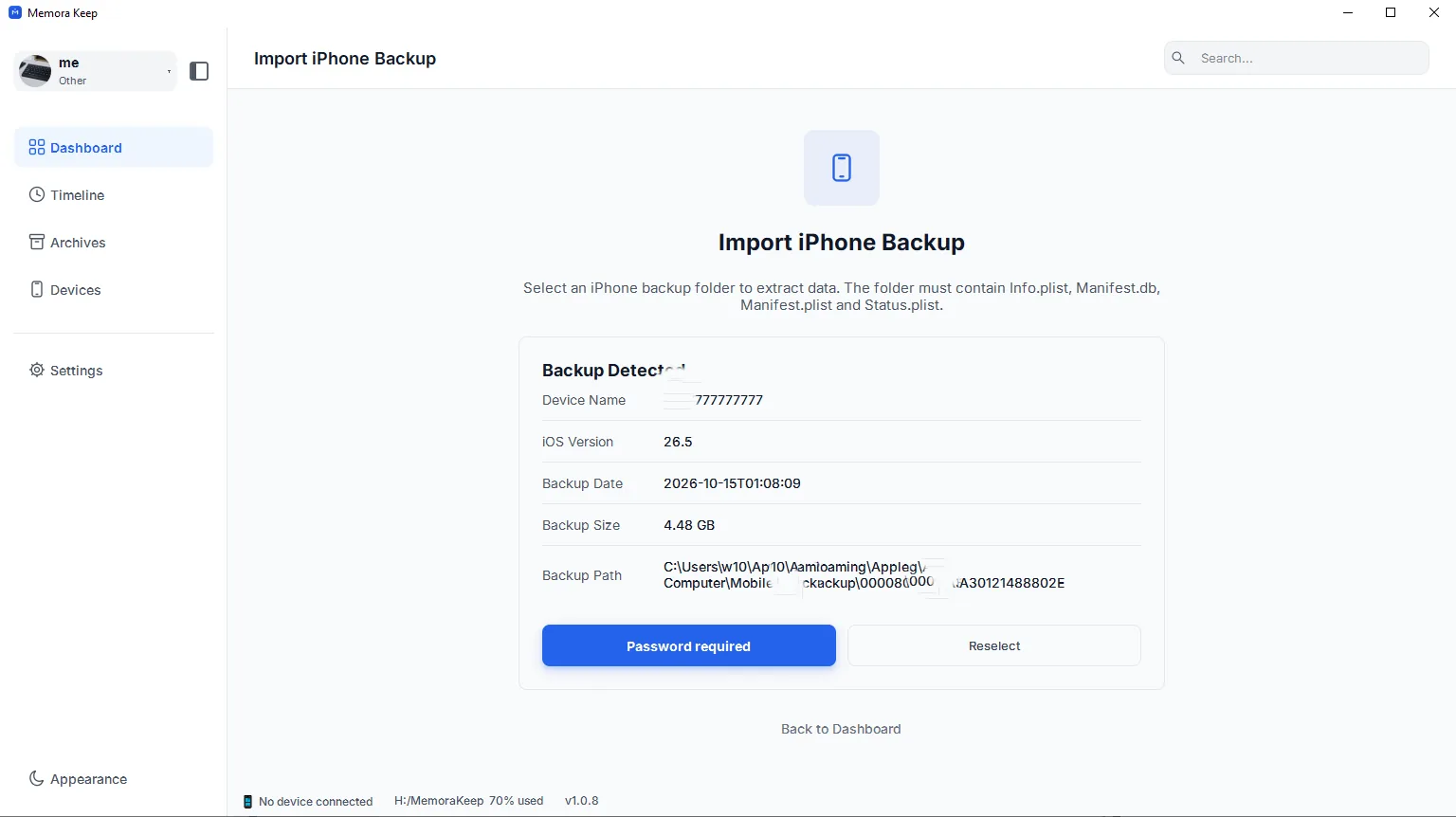 Backup details where the button reads Password required