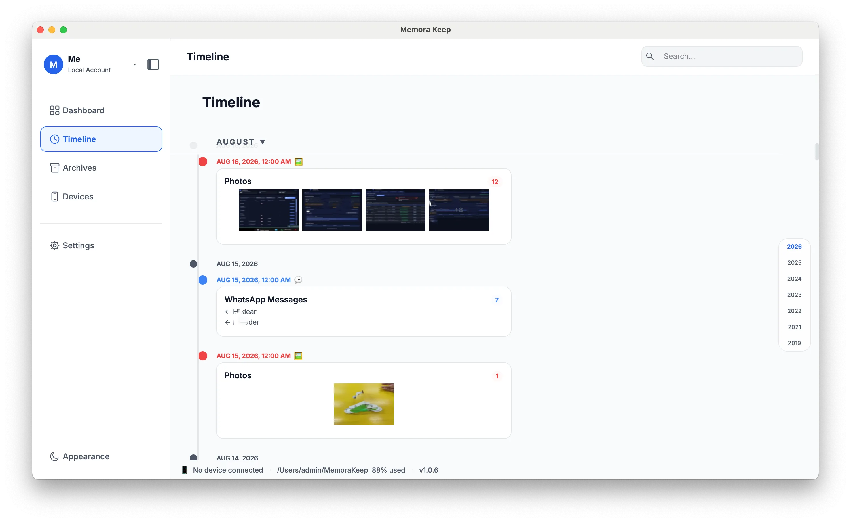 Personal media timeline in the Memora Keep client on Windows