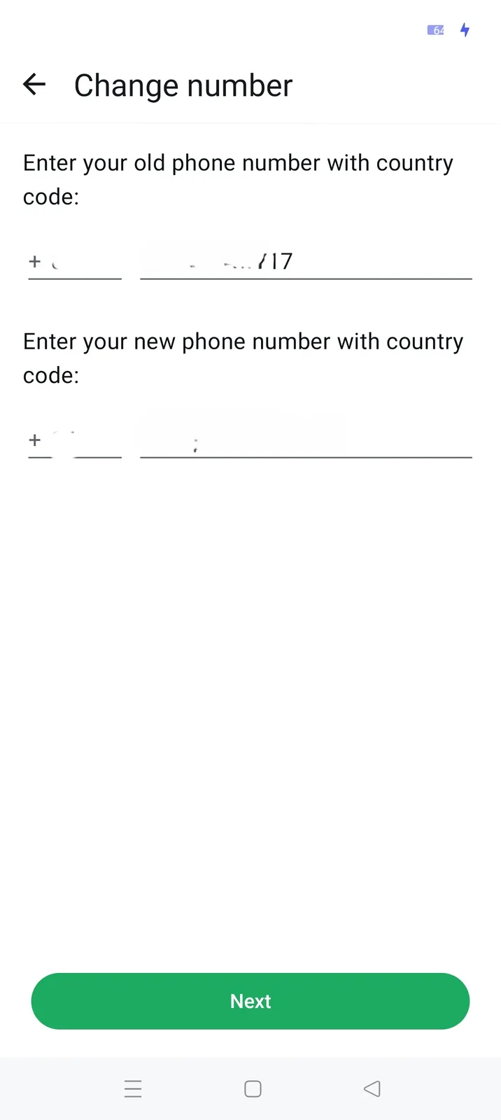 Entering the old and new numbers with country codes