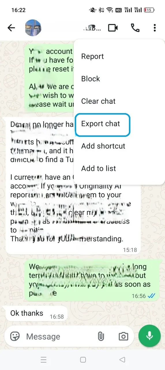 Export chat in the Android WhatsApp menu