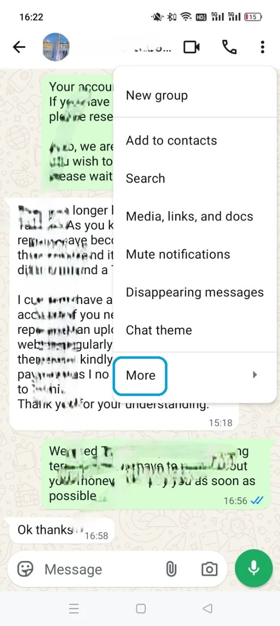 The More option in WhatsApp's menu