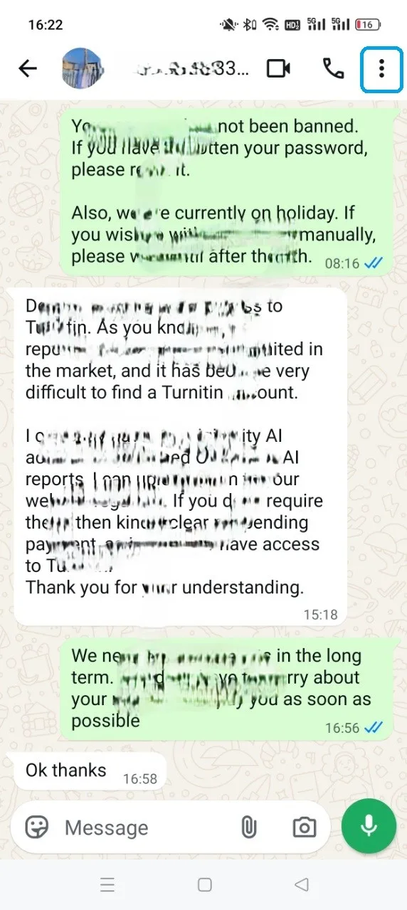 WhatsApp menu with More