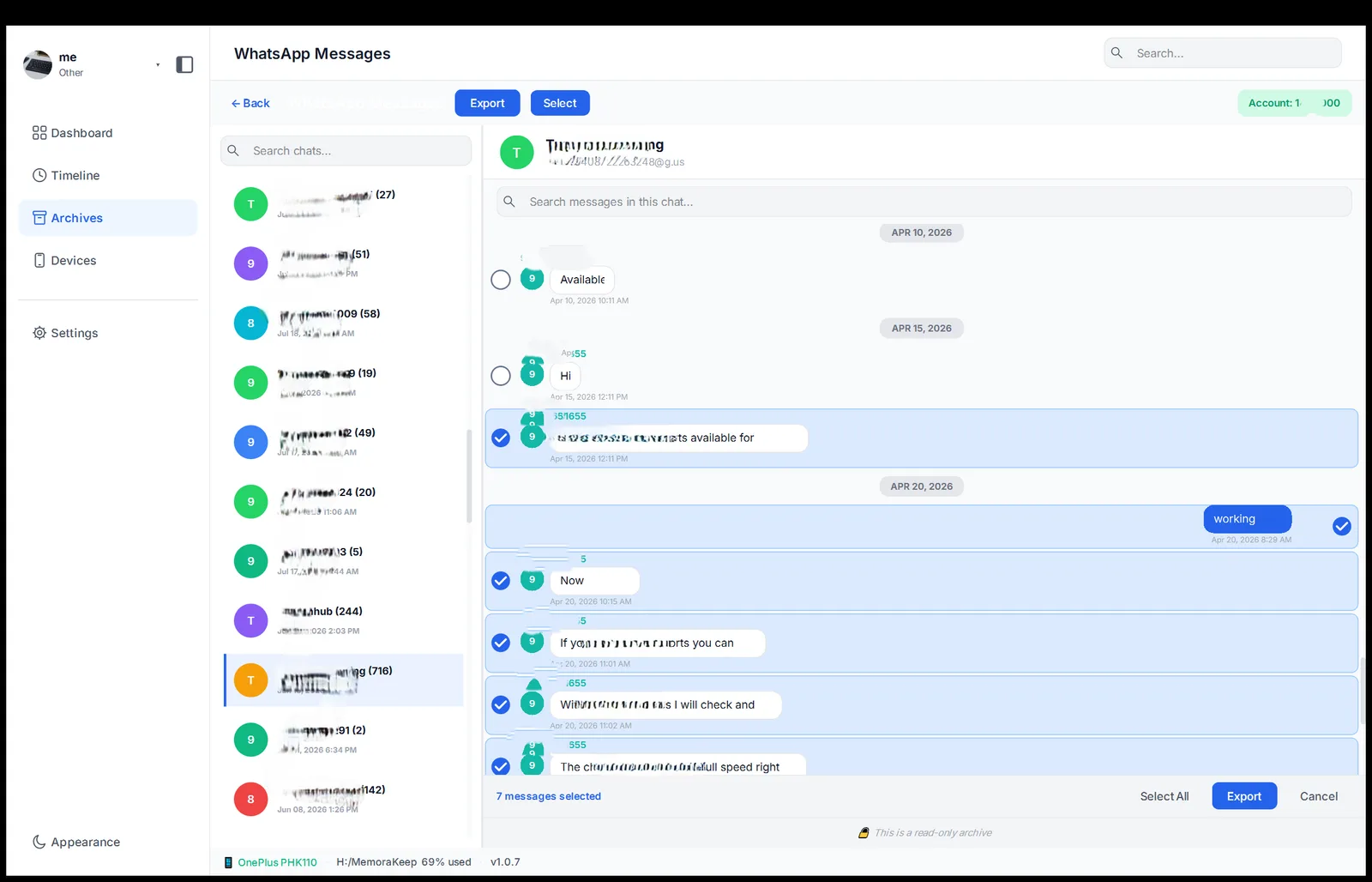 Messages ticked and ready to export