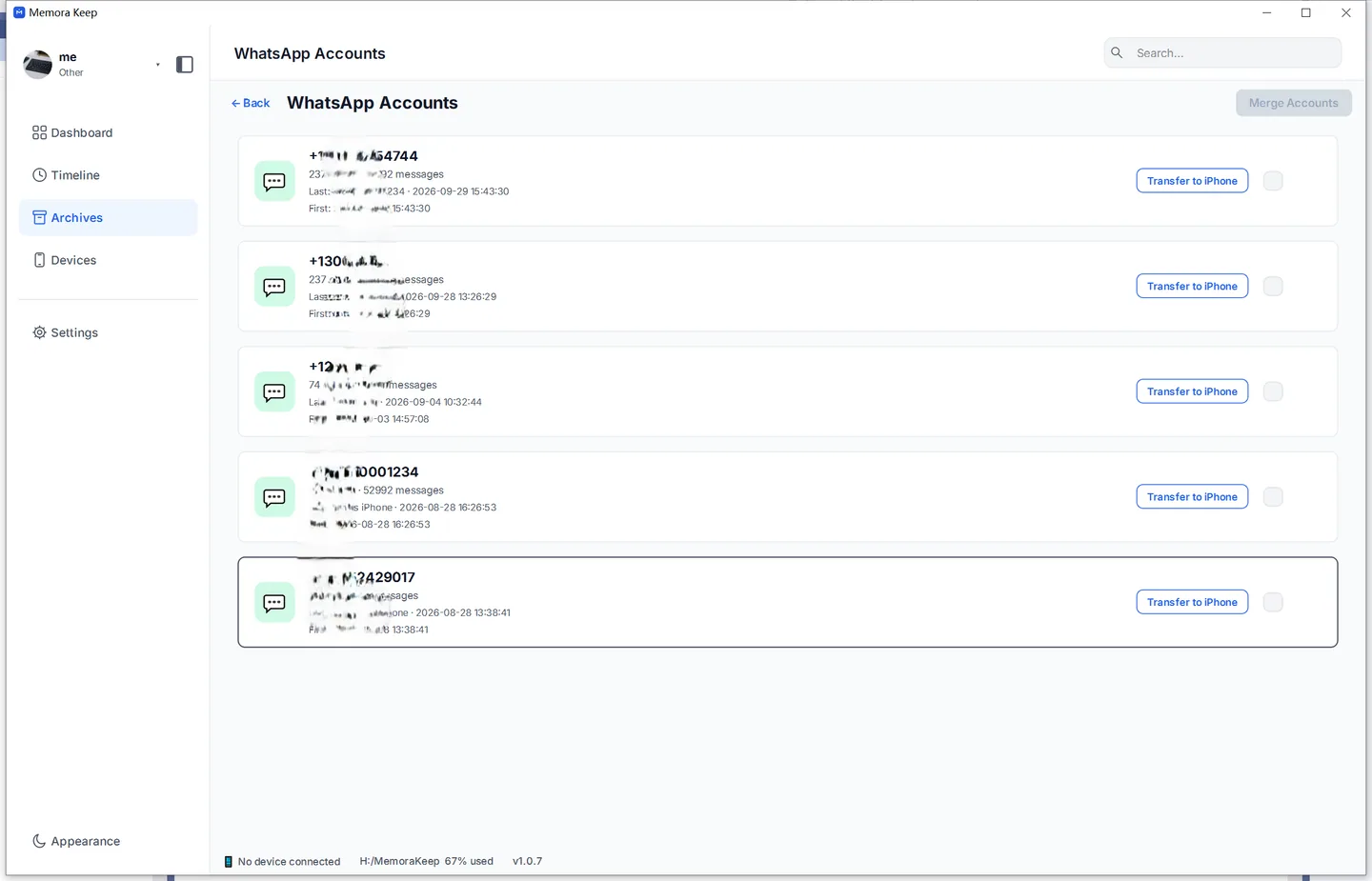 Separate WhatsApp accounts in the archive