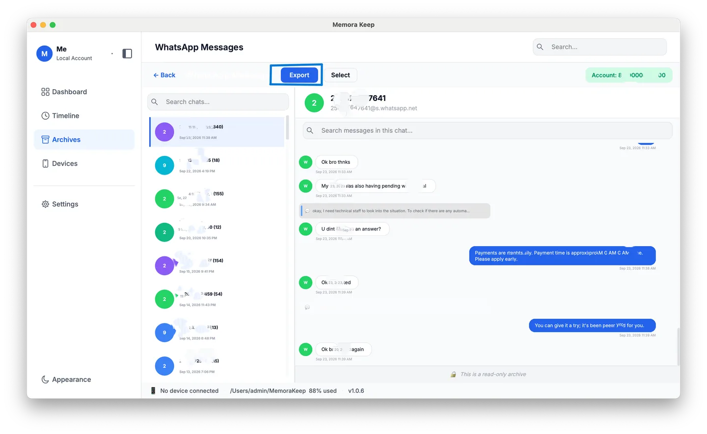 The Export button above the chat list