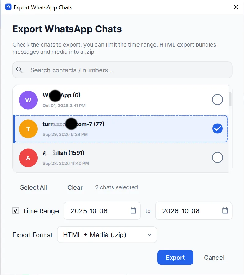 A group selected in the chat export dialog