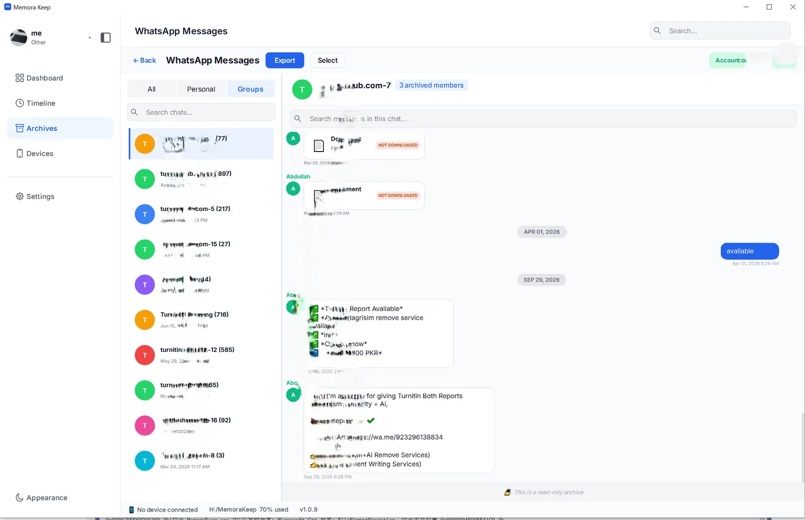The Groups filter in the archived conversation list