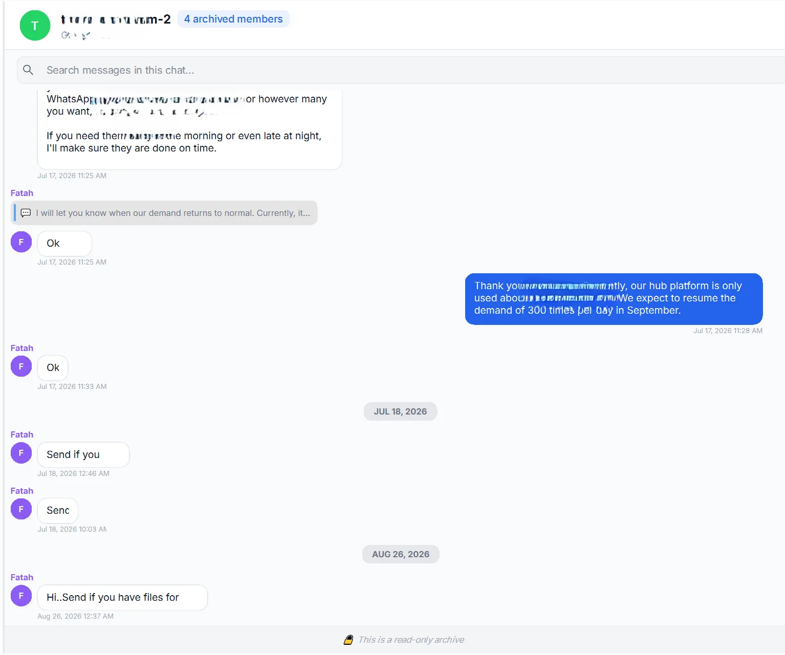 Messages from several participants in an archived group