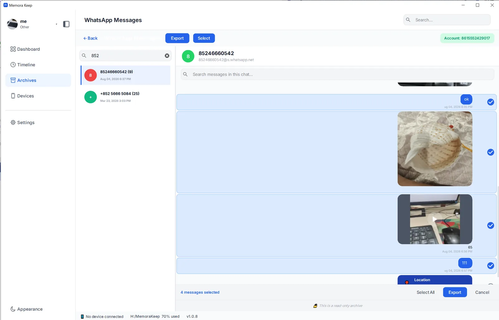 Messages ticked and ready to export
