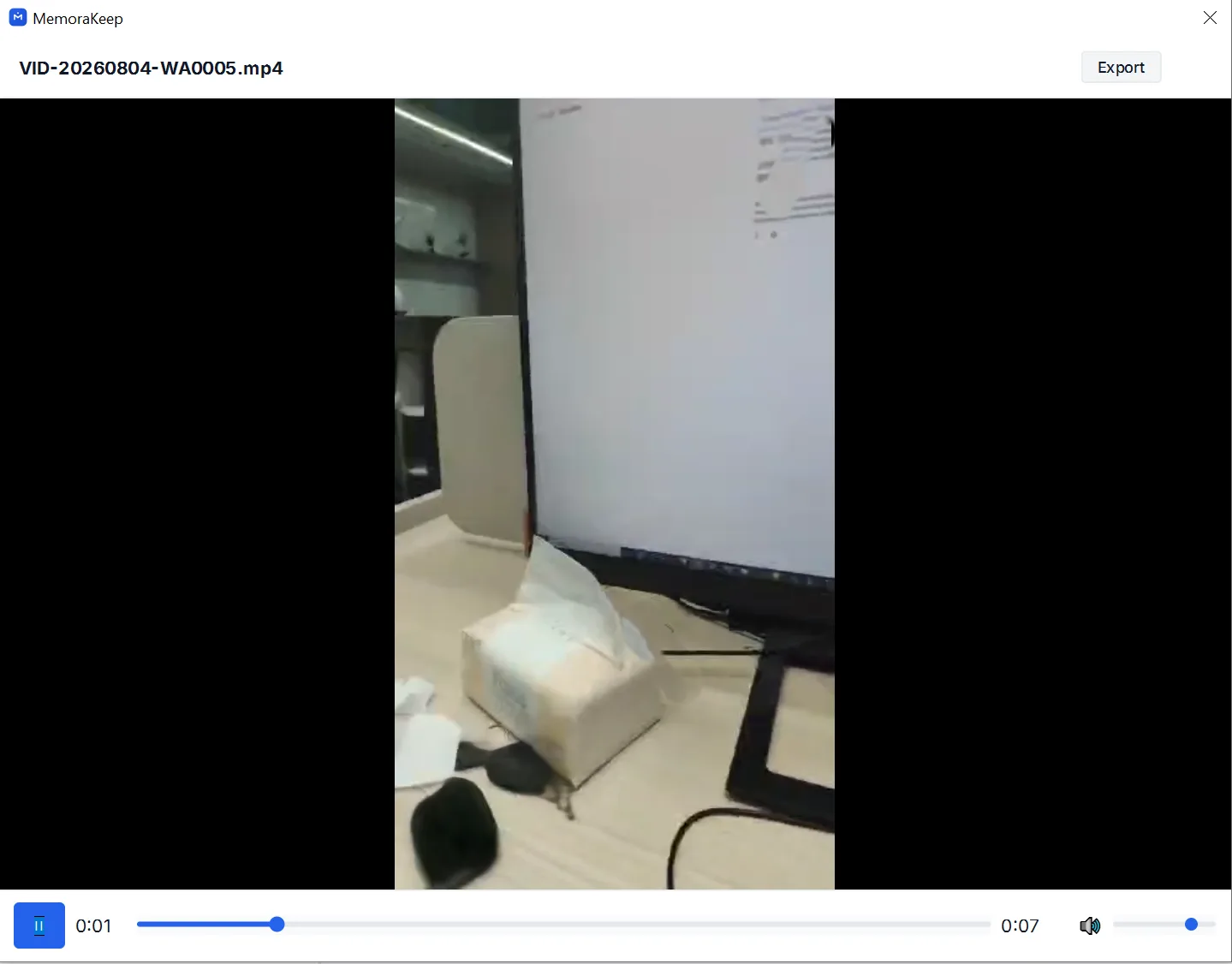 Vídeo en reproducción y botón Export