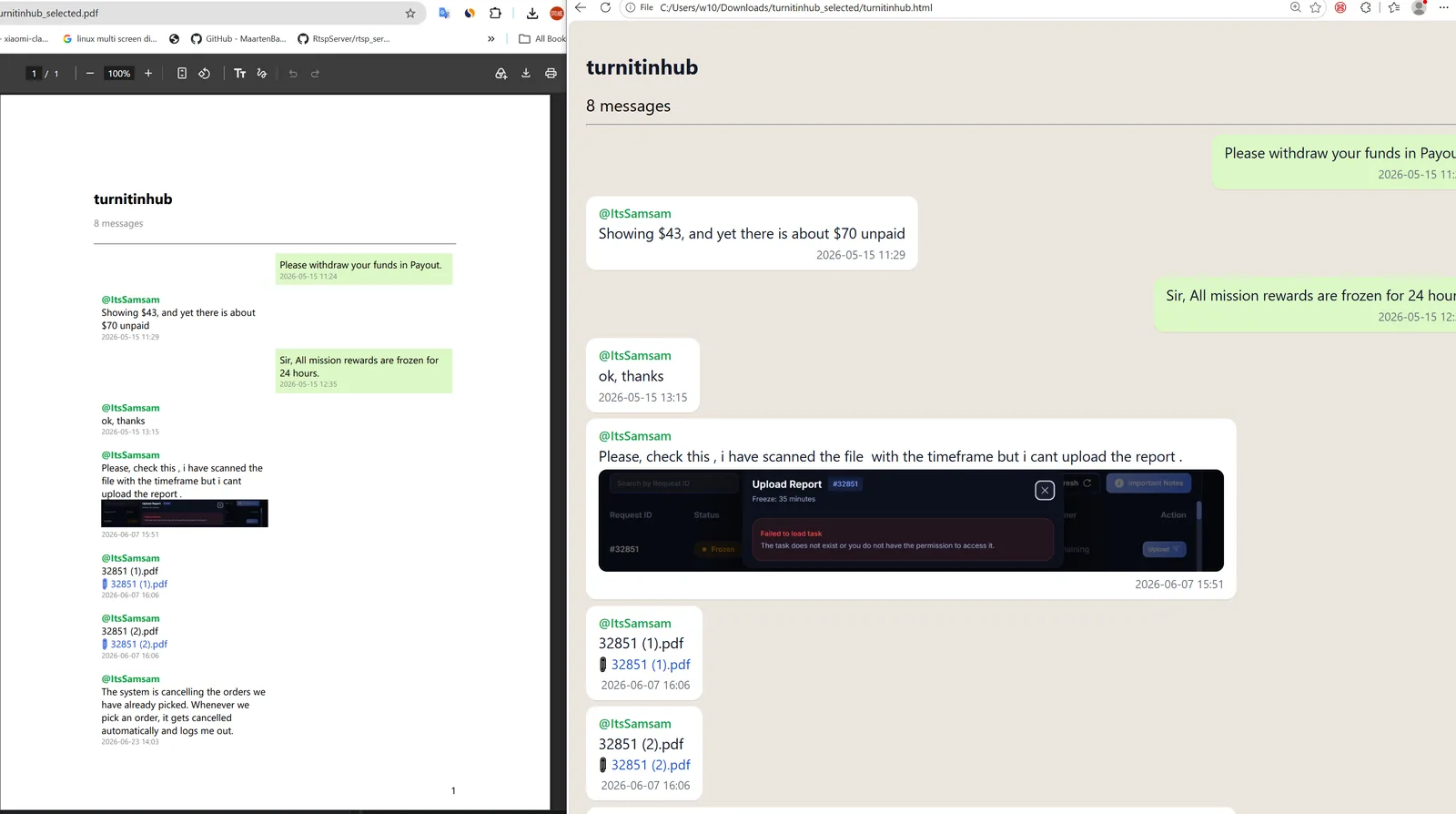 A mesma conversa em PDF à esquerda e HTML à direita
