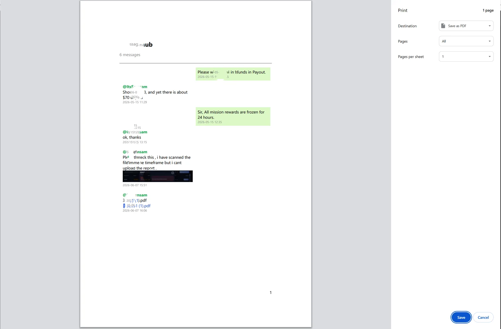 Print preview of the exported chat