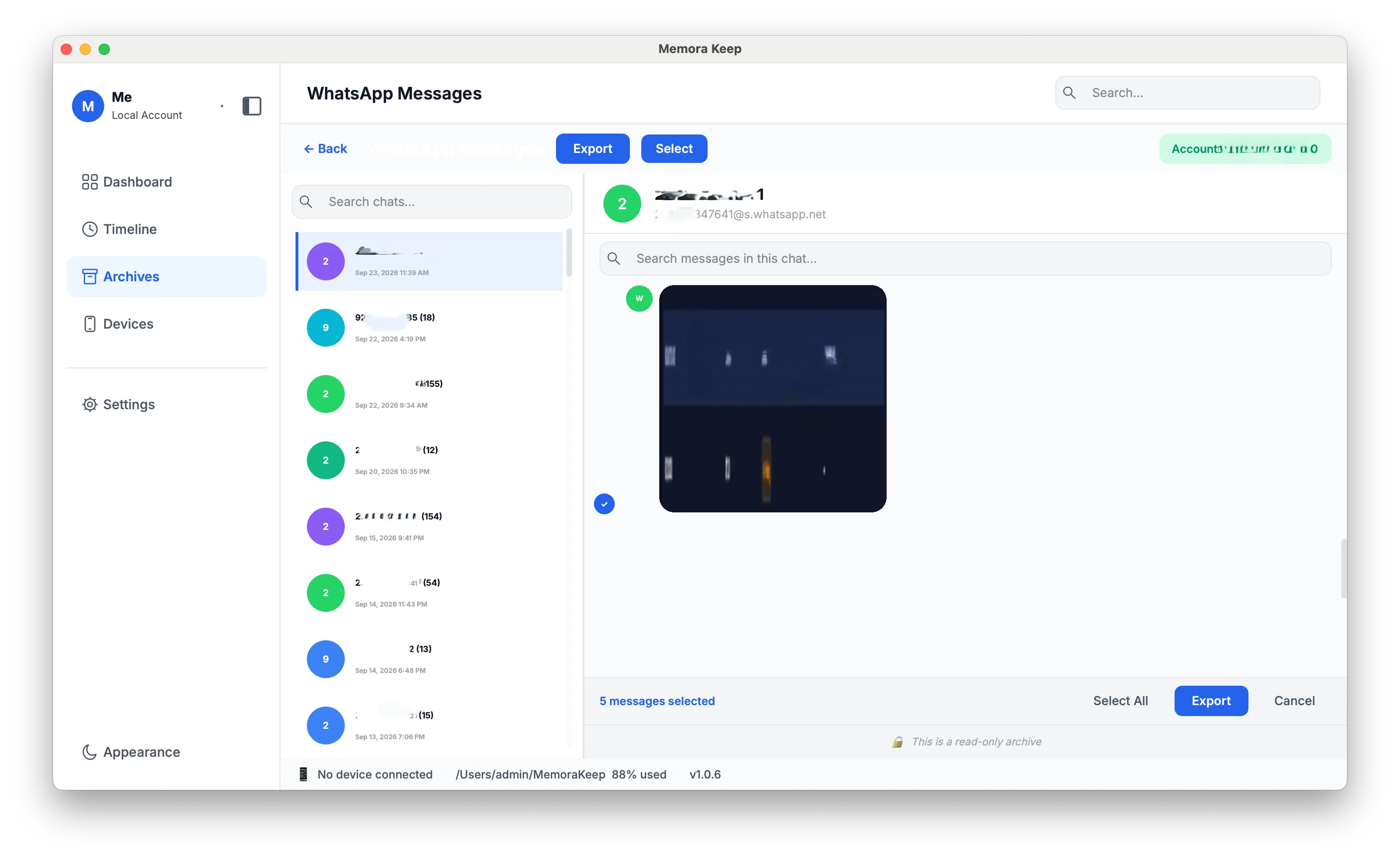 WhatsApp conversation with media preview and multi-selected messages