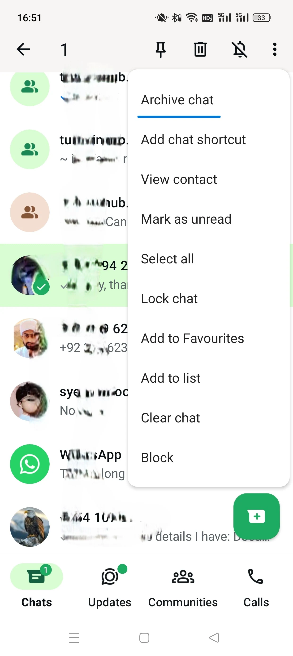 Menú Archive chat en Android