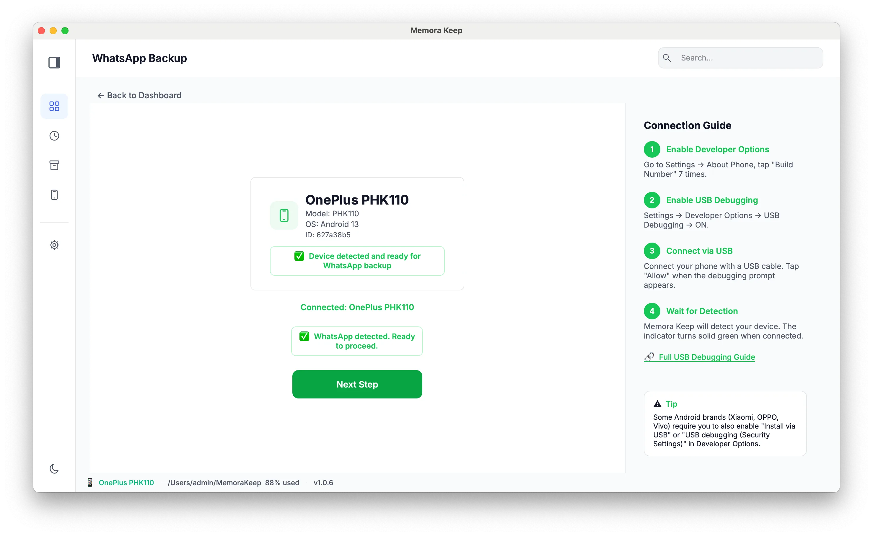 Back up WhatsApp to your computer in the Memora Keep client on Windows