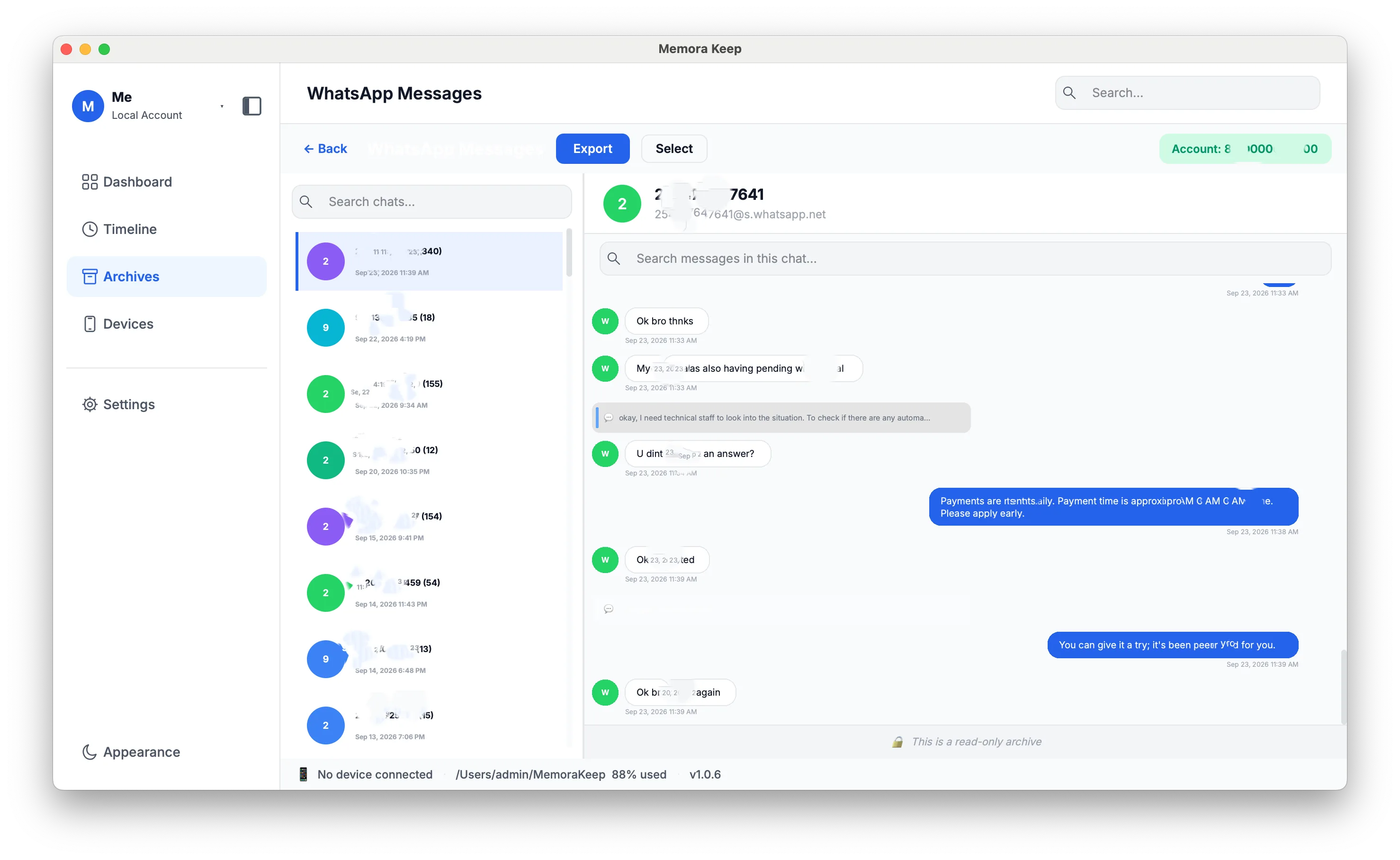 Export WhatsApp chats to PDF, HTML or CSV in the Memora Keep client on Windows