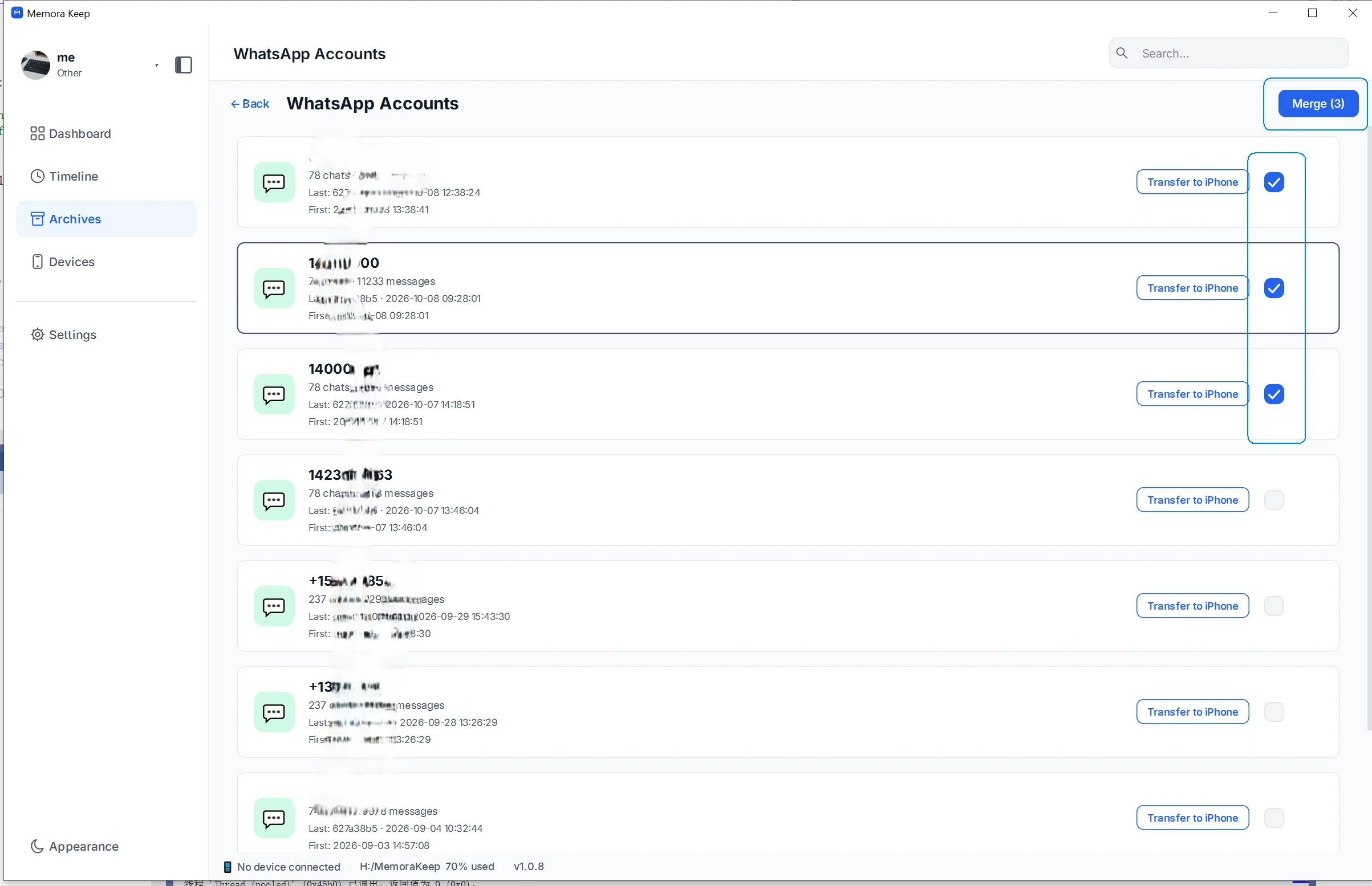 Selecting the WhatsApp accounts to merge and clicking Merge